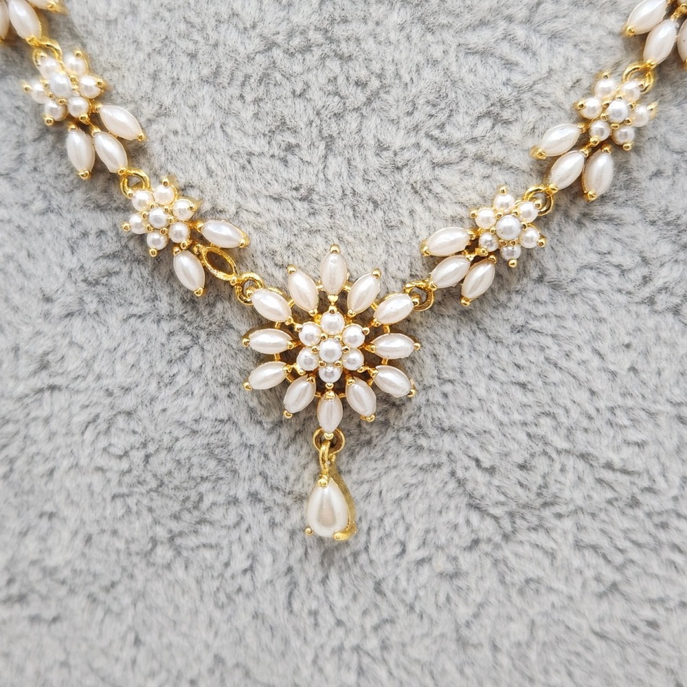 Statement Pearl Floral Necklace Gold Plated South Indian Glam Prom Formal
